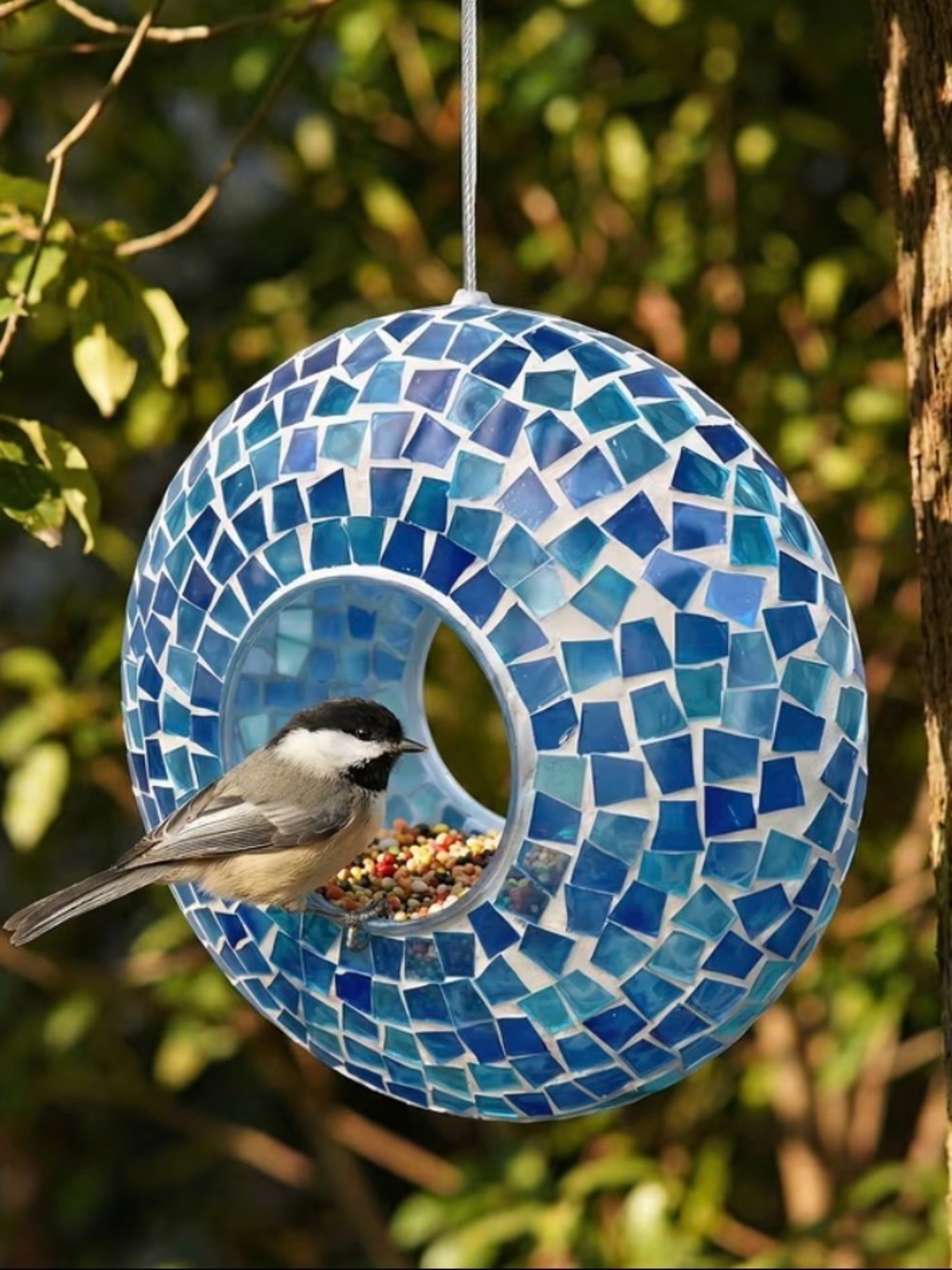 Blue Mosaic Hanging Bird Feeder - Decorative Outdoor Seed Feeder